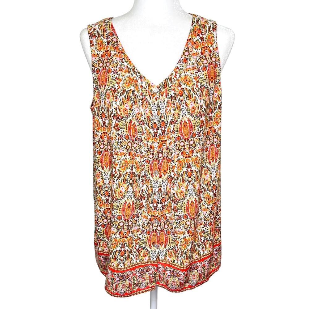 J. Jill Orange Green Floral V-Neck Button Down Rayon Sleeveless Blouse LG Petite